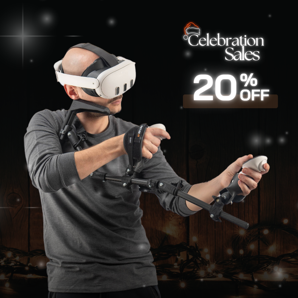 a VR headset stand with a quest 3 headset and controllers and a gunstock 